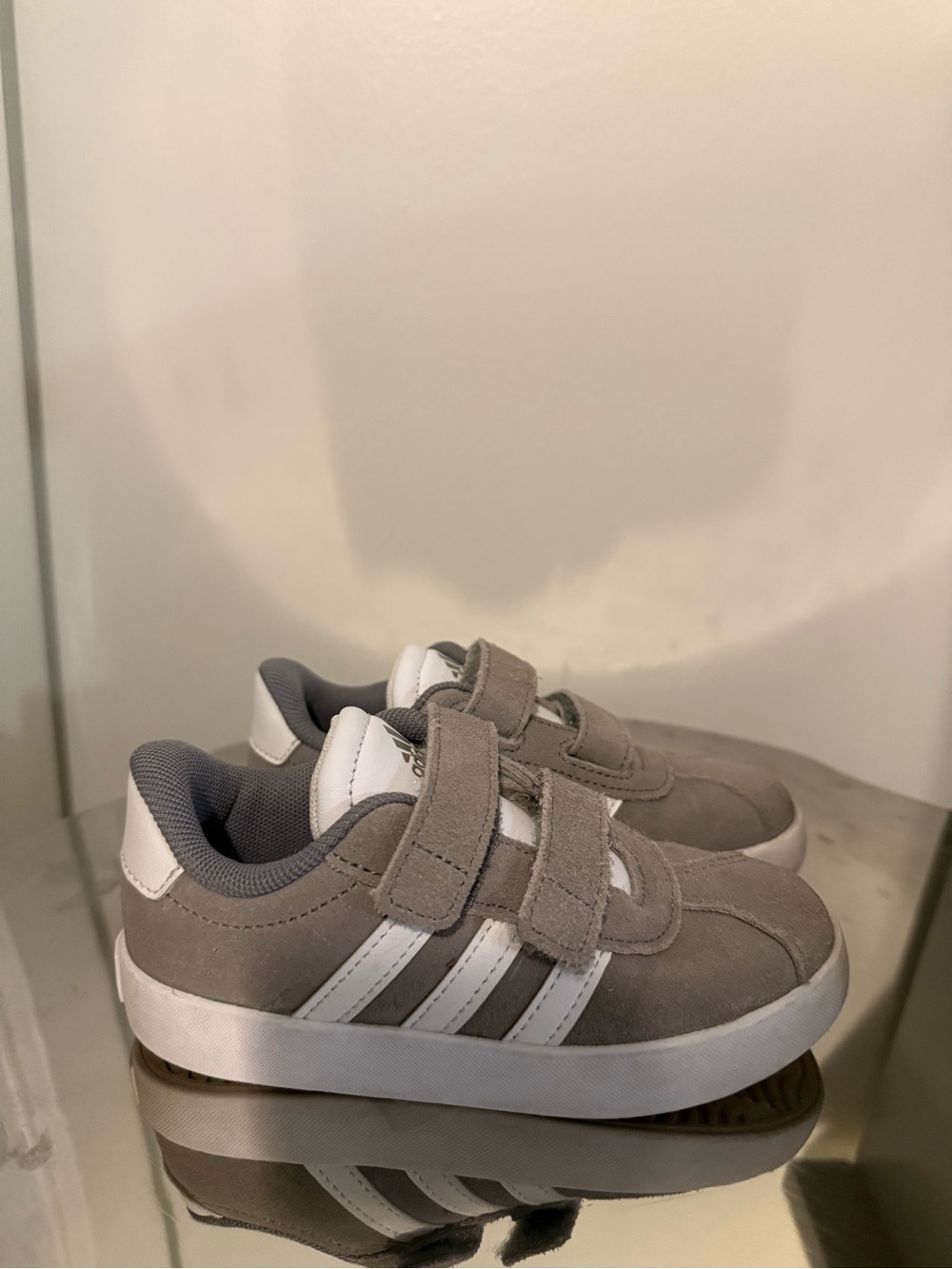 adidas Kids Gray Suede Velcro Sneakers with White Stripes